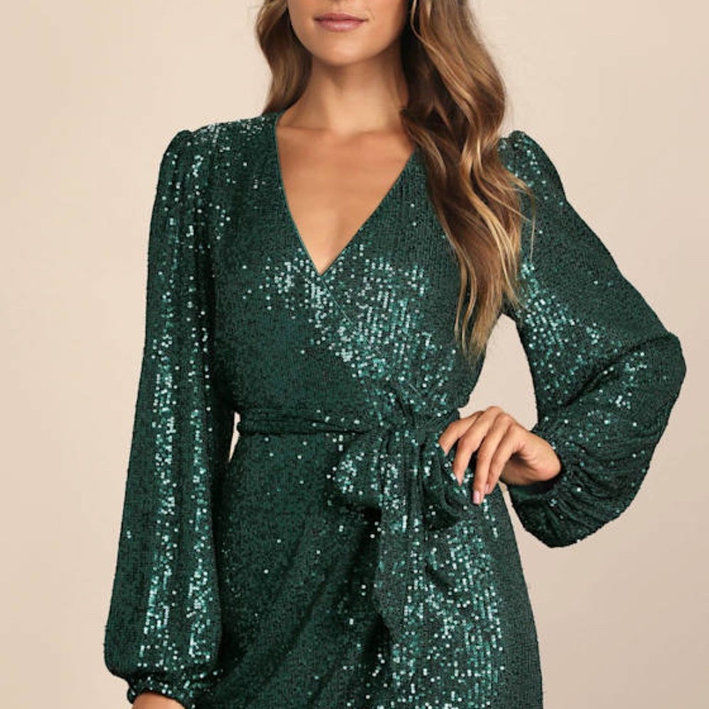 Lulus Sparkly Darling Emerald Green Sequin Long Sleeve Wrap Dress - Size M